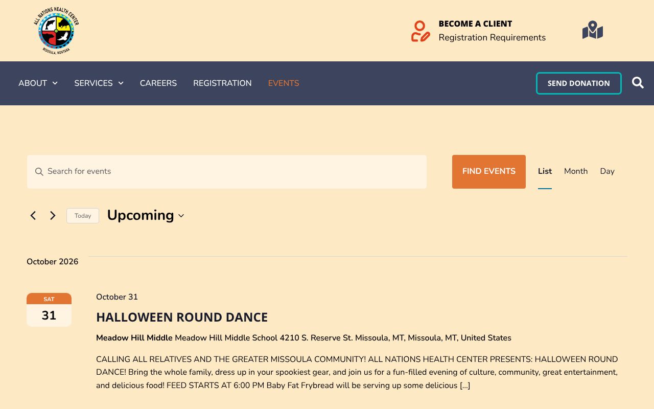The events calendar on allnations.health, with a search bar, list, month, and day views, and an upcoming Halloween Round Dance event.