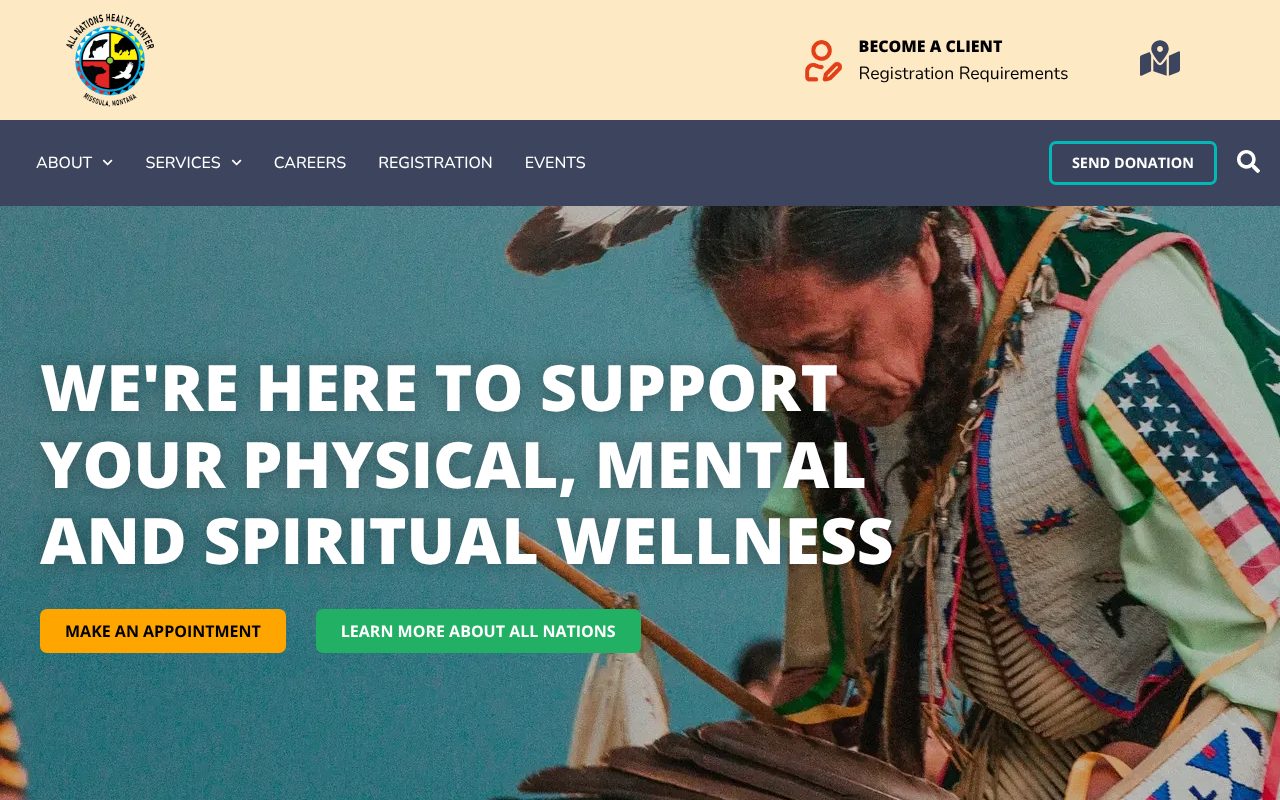 The new allnations.health homepage, with the headline "We're here to support your physical, mental and spiritual wellness" over a photo of a dancer in regalia, and buttons to make an appointment or learn more about All Nations.
