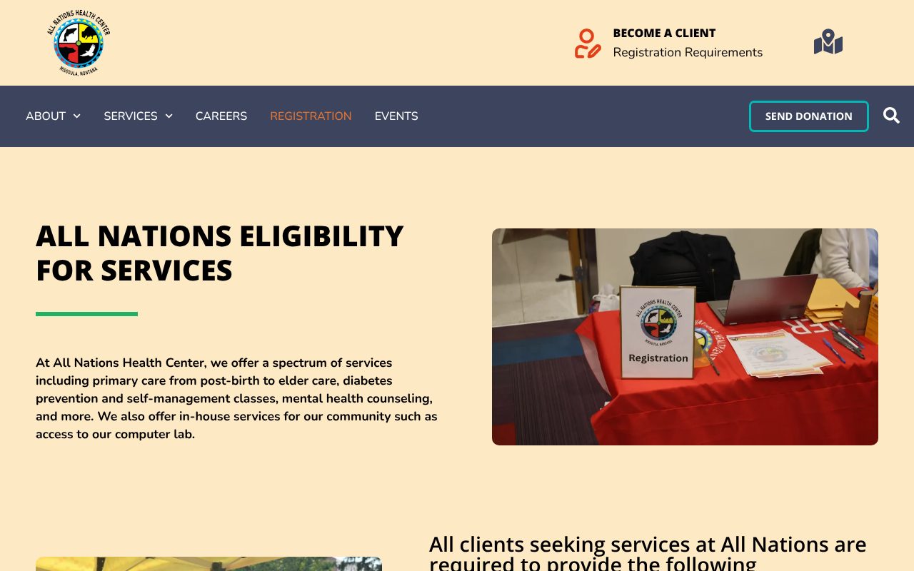 The All Nations Eligibility for Services page, with an introduction to the center's services and a photo of a registration table at a community event.