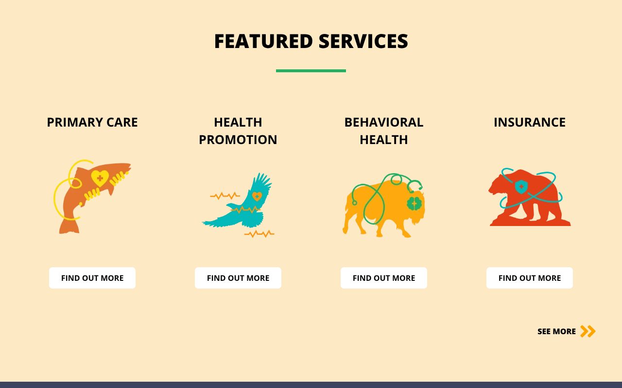 The Featured Services section of the new homepage, with illustrated animal icons for Primary Care, Health Promotion, Behavioral Health, and Insurance on a warm cream background.