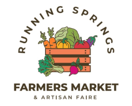The refreshed logo, with “Running Springs” arched over a crate of illustrated produce and “Farmers Market & Artisan Faire” in bold type below.