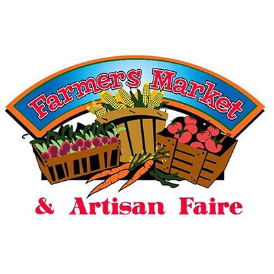 The original logo, an arched blue banner reading “Farmers Market” over illustrated baskets of corn, tomatoes, beets, and carrots, with “& Artisan Faire” in red below.