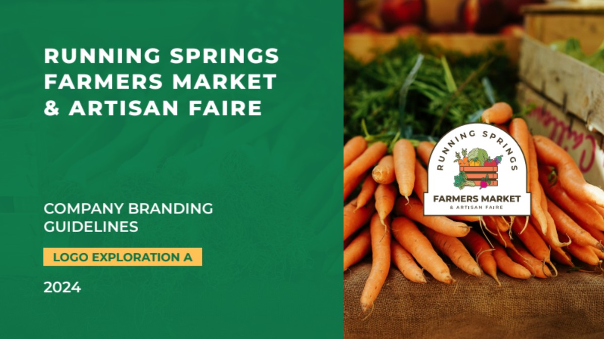 Cover of the Running Springs Farmers Market & Artisan Faire branding guidelines, with the new arched badge logo over a photo of fresh carrots.