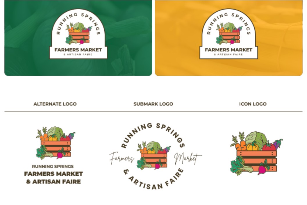 Brand guide page showing the arched badge logo on green and gold photo backgrounds, above an alternate stacked logo, a circular submark with “Farmers Market” in script, and the crate-of-produce icon.