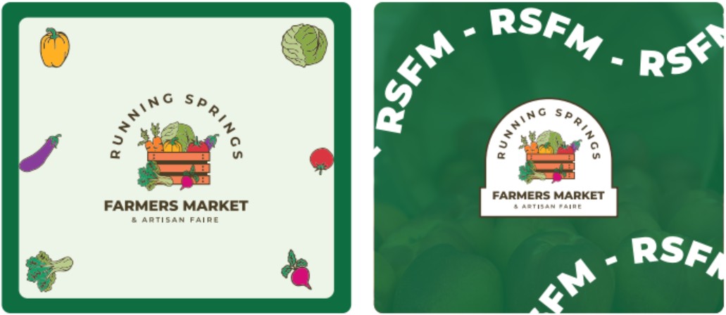 Two sample square social posts. One shows the main logo on cream with scattered vegetables in a green frame. The other shows the badge logo on a green photo background ringed by repeating “RSFM” text.