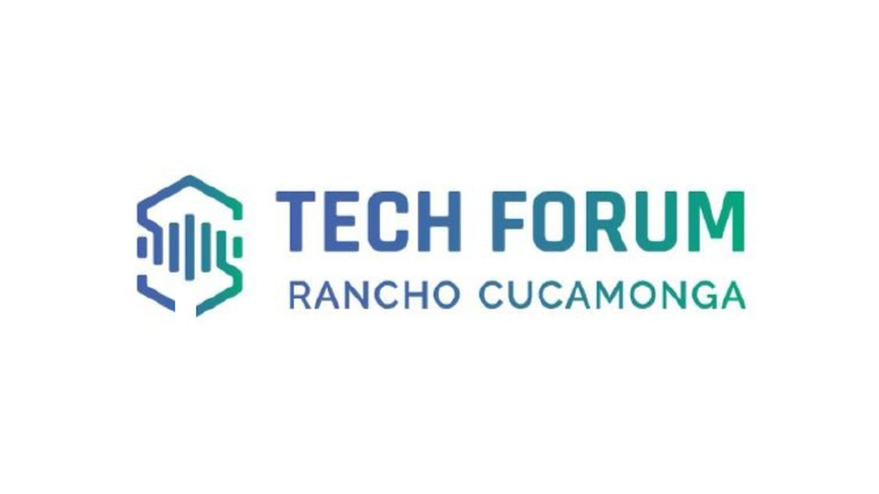 The original logo, a gradient hexagon framing vertical sound-wave bars, with "TECH FORUM" and "RANCHO CUCAMONGA" set beside it.