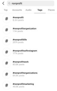 A search bar on Instagram with the word Nonprofit and a list of hashtags with their following size below 
