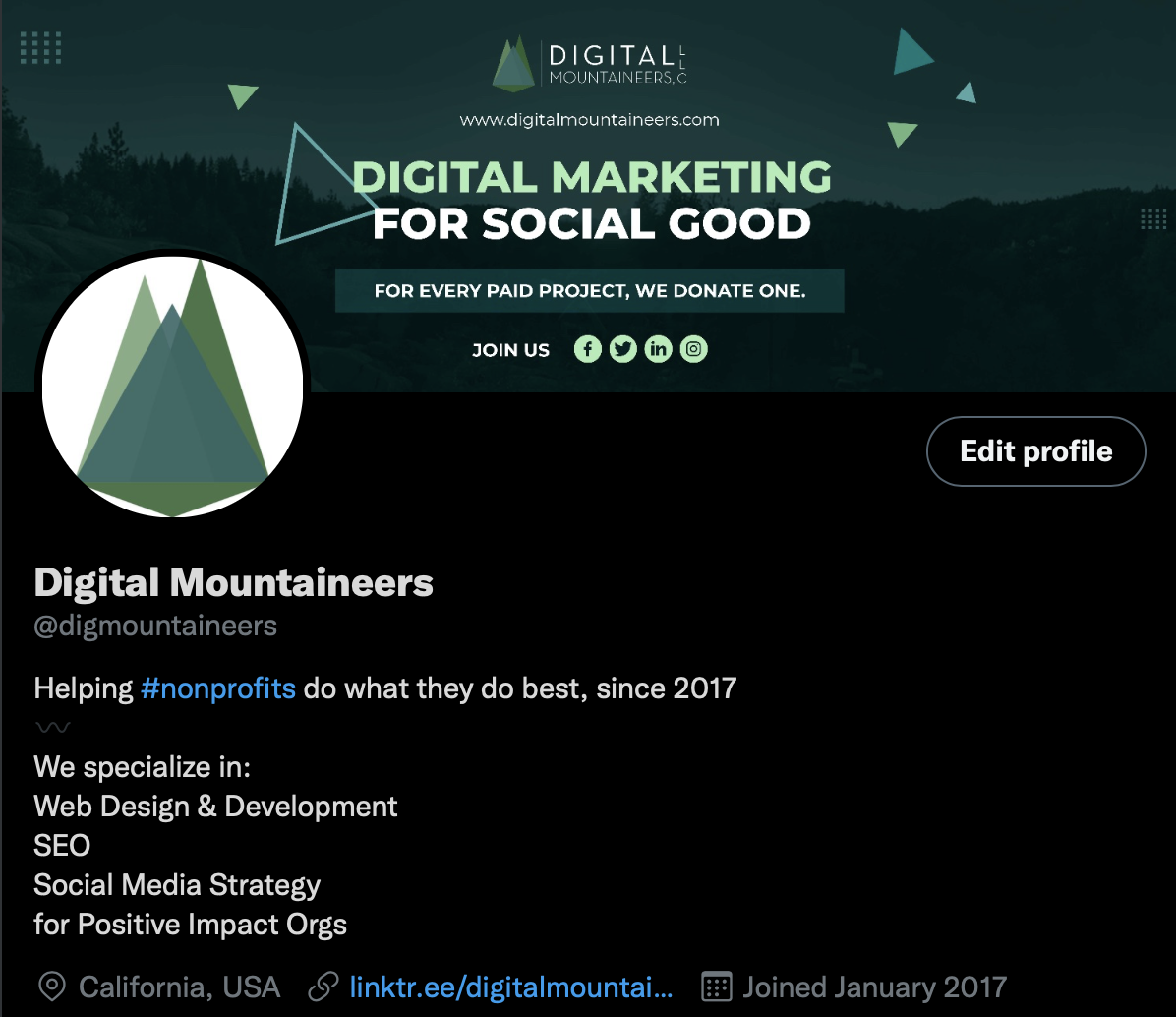 Twitter bio for Digital Mountaineers, text reads Digital Marketing for Social Good