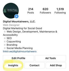 The Digital Mountaineers Instagram profile with the Insights button circled in yellow