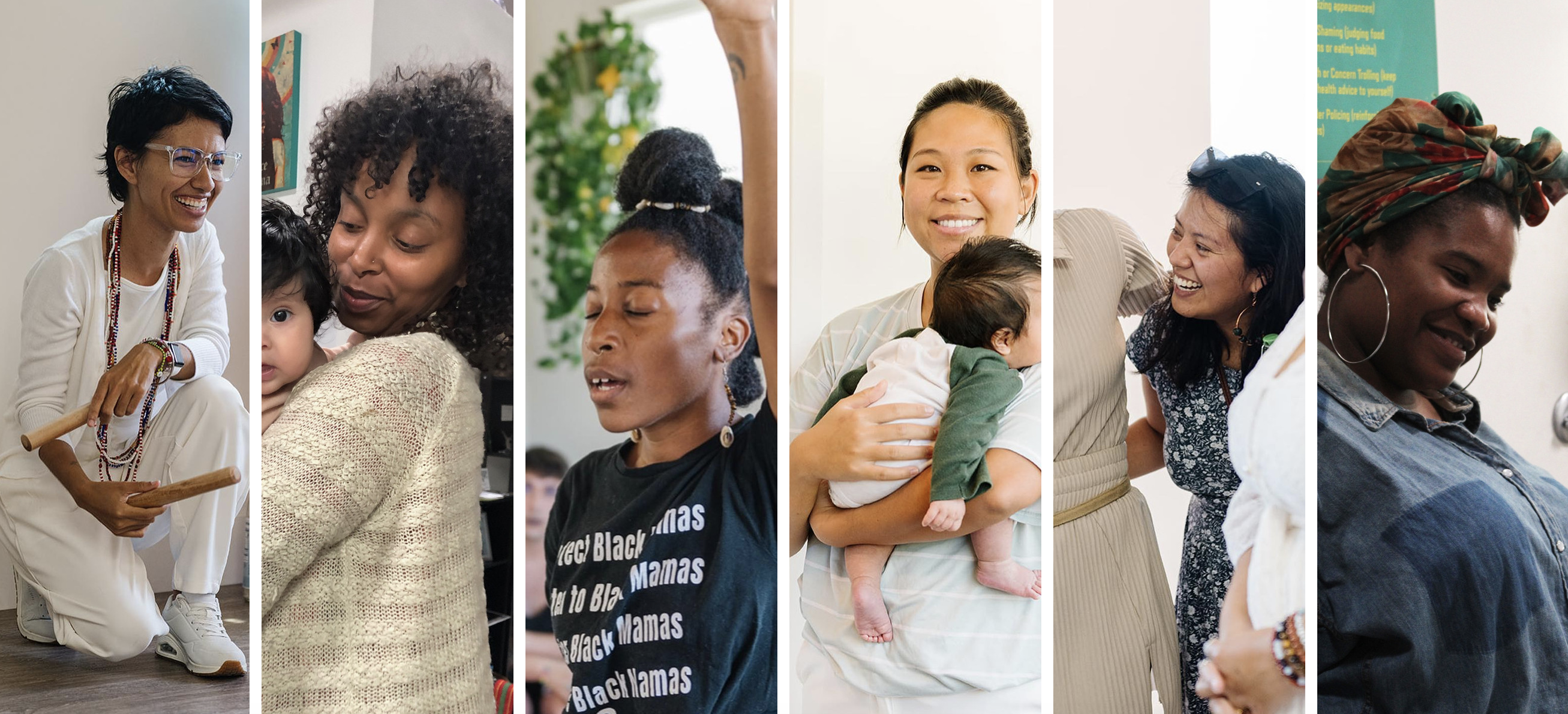 Different boxes showing different women, some holding babies, some smiling, some with eyes closed. 