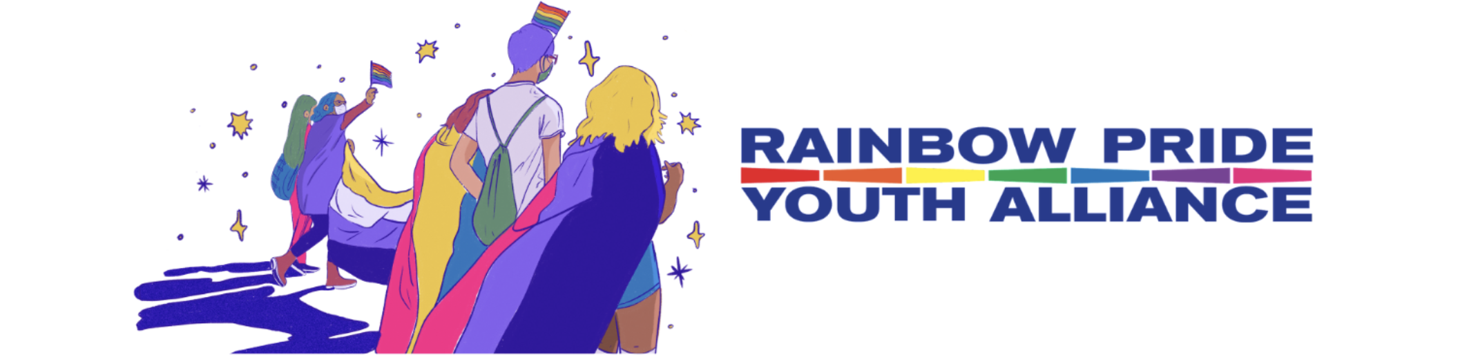 Hand drawn super heroes and text that reads Rainbow Youth Alliance with a rainbow line.