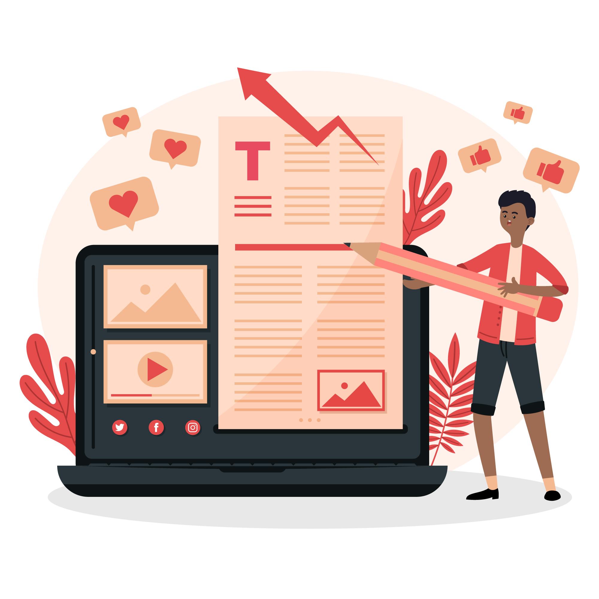 A drawing of a designer holding a large pencil editing a web page with a story written on it